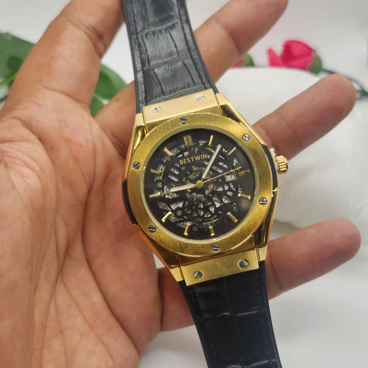 BESTWIN Men's Skeleton Watch With Black And Brown Leather Strap...