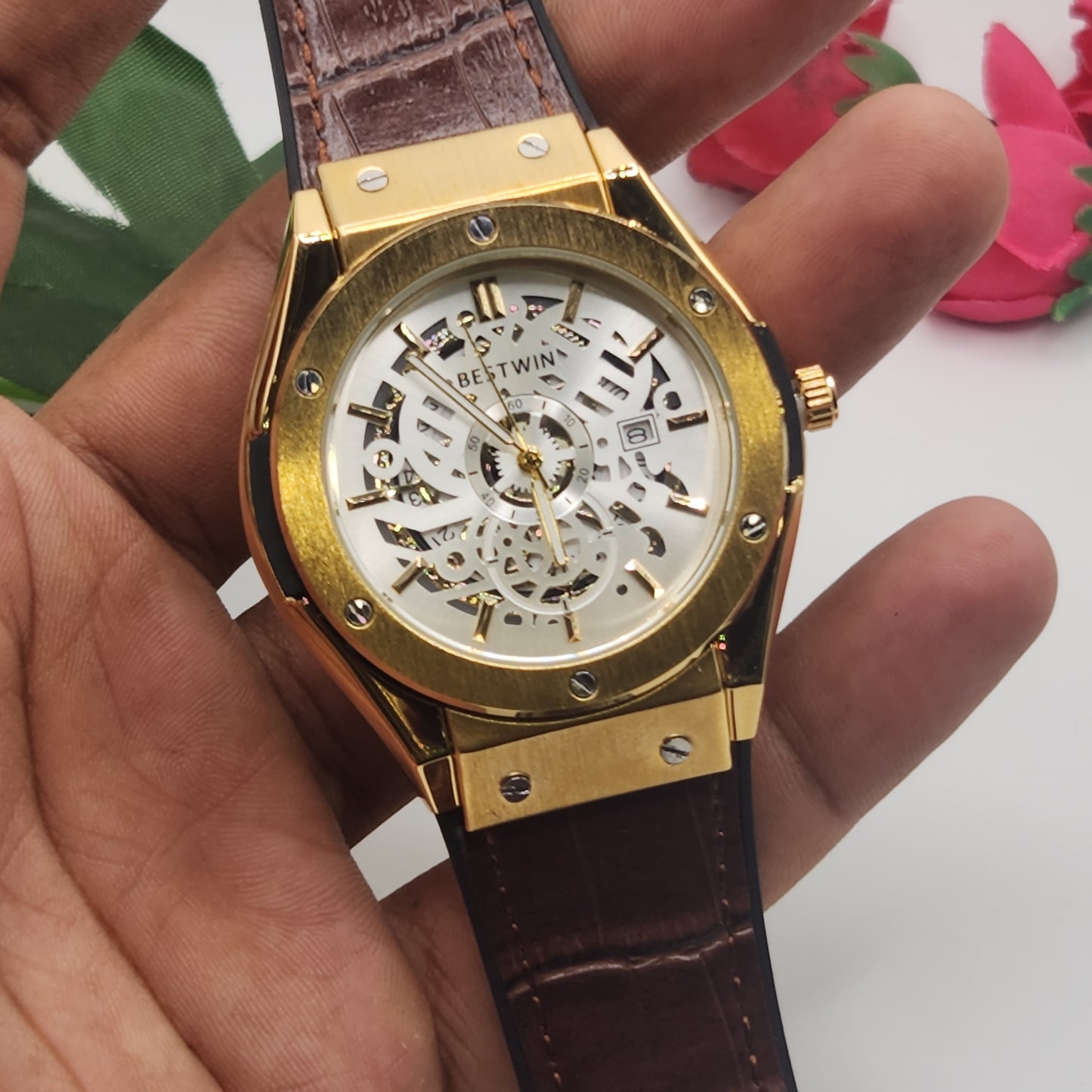 BESTWIN Men's Skeleton Watch With Black And Brown Leather Strap...