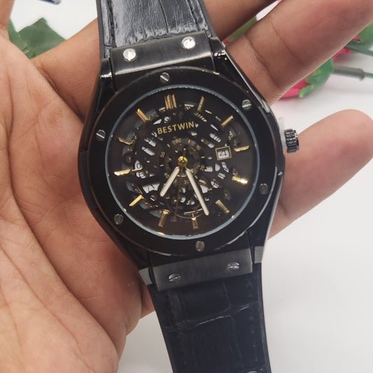 BESTWIN Men's Skeleton Watch With Black And Brown Leather Strap...